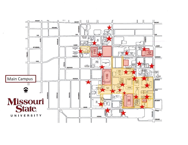 Map of scooter locations on campus of Missouri State University.