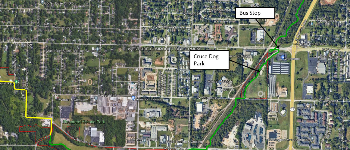 Map showing the Jordan Creek Trail portion for the bike and talk event. Meeting point will be at the Cruse Dog Park south of W Grand St. Map also shows bus stop location on W Grand St for Line 6/ Black, exit at Grand and Kansas Expressway (NW).