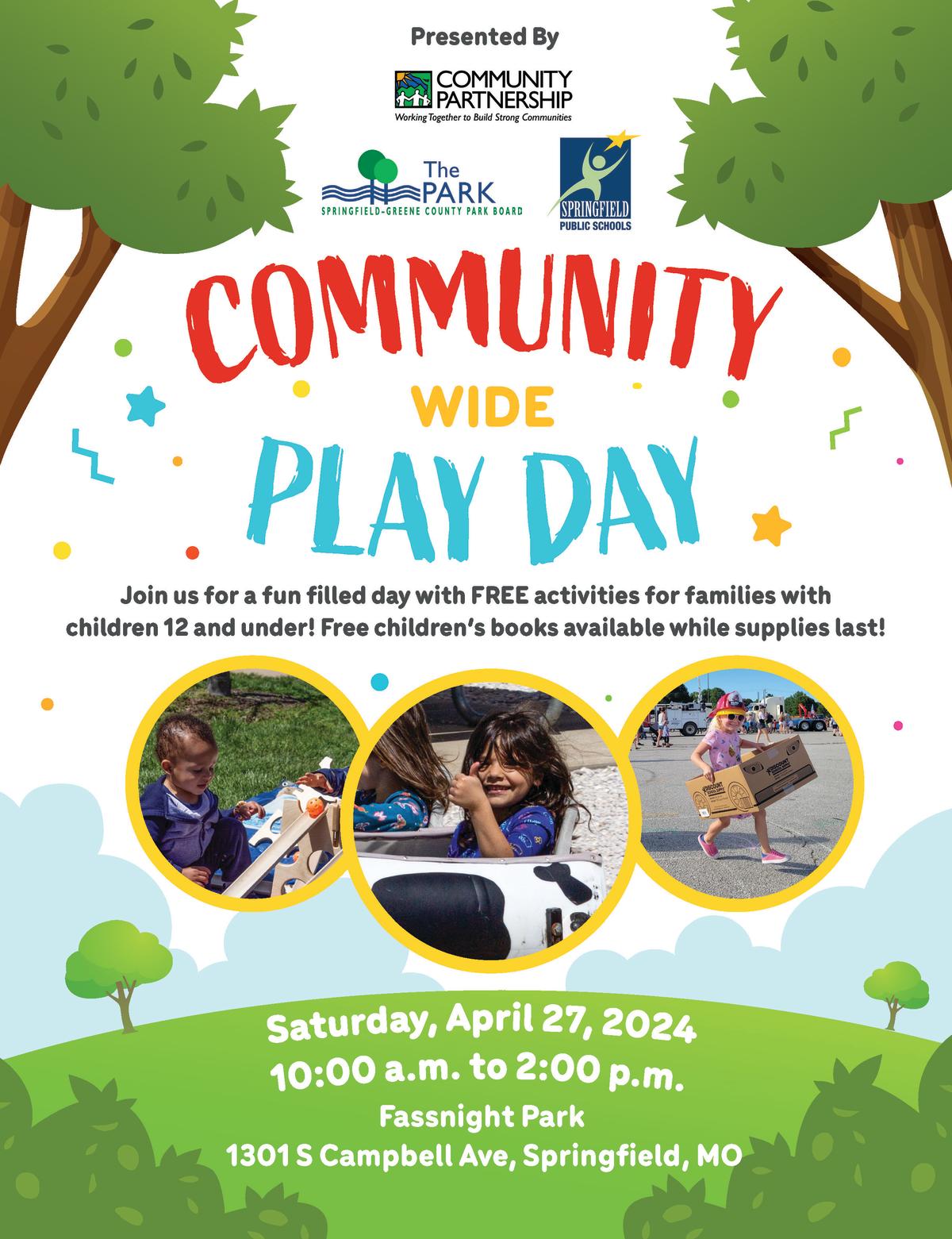 Poster of Community Wide Play Day showing date and time of event and pictures of children playing.