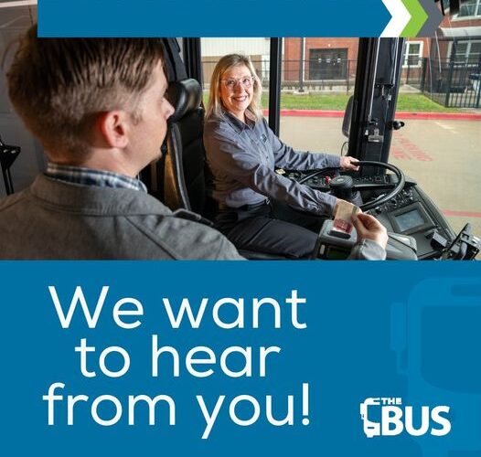 Picture of person entering a bus with the caption: "We want to hear from you!"