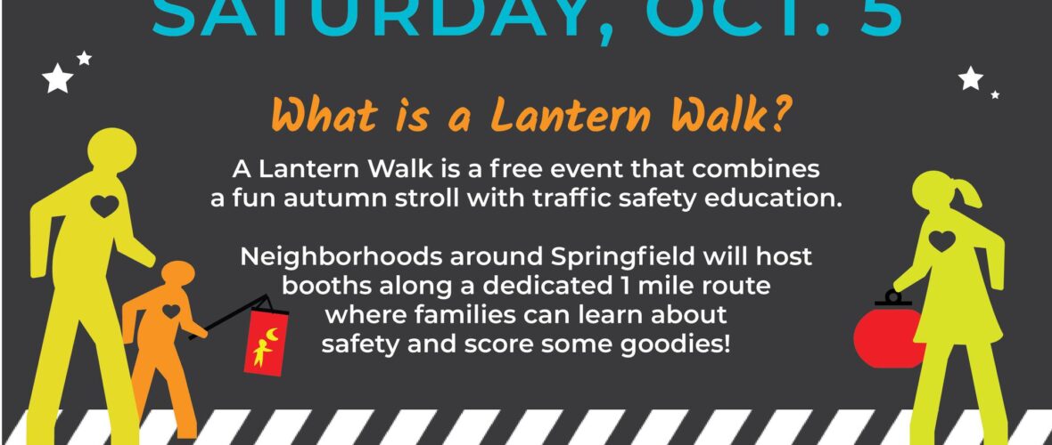 Lantern Walk Poster showing date of the event on Saturday October 5th, 2024 with graphics of Mr. and Mrs. Walker statues using a crosswalk with lanterns with their child.