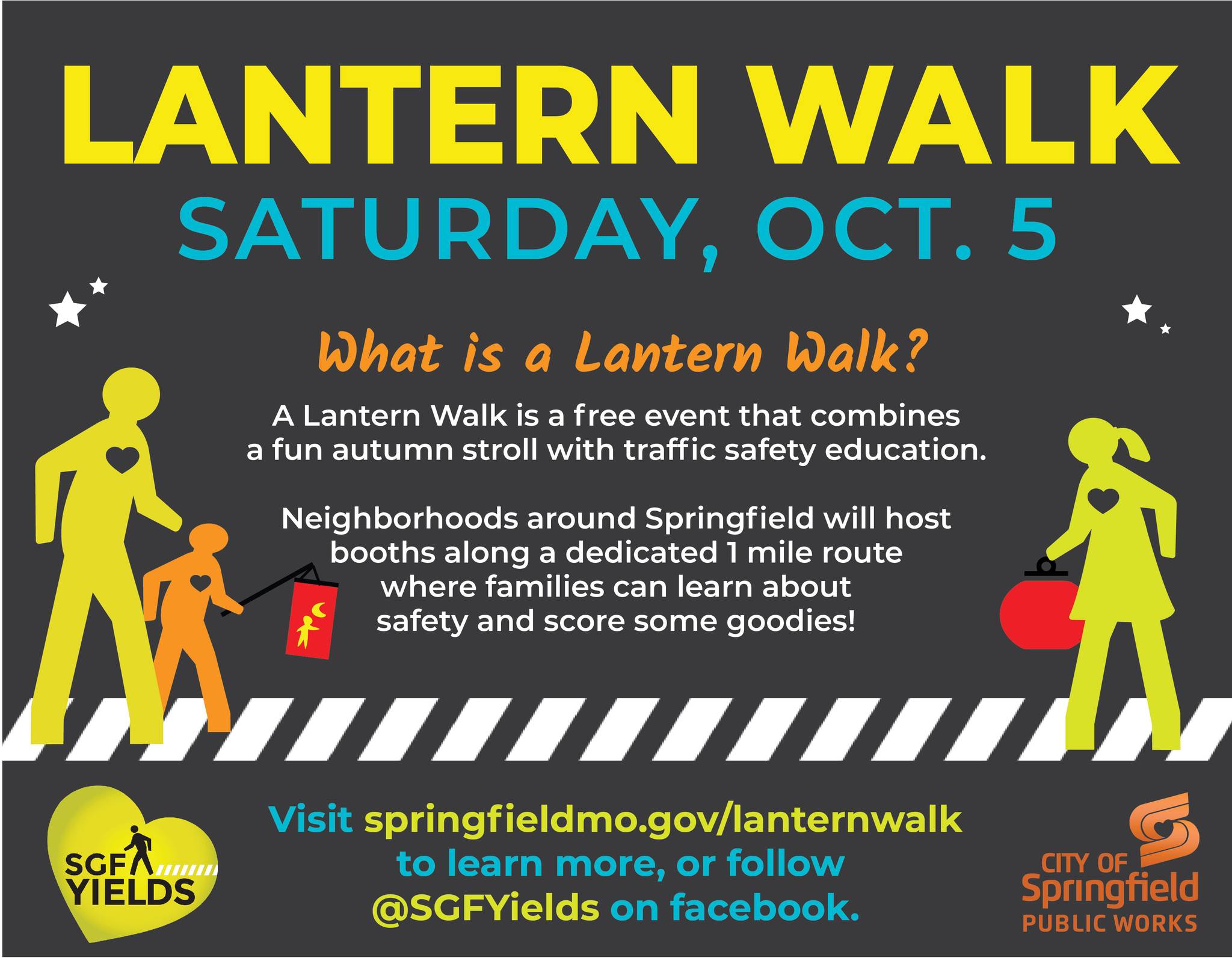 Lantern Walk Poster showing date of the event on Saturday October 5th, 2024 with graphics of Mr. and Mrs. Walker statues using a crosswalk with lanterns with their child.