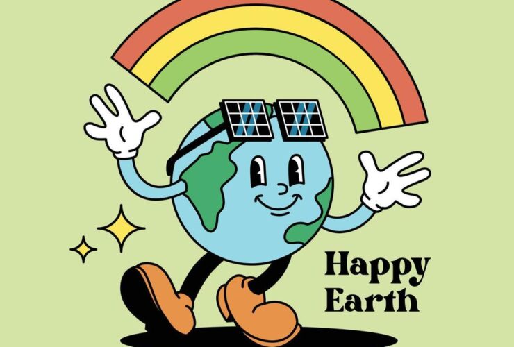 Picture of a vintage Earth Day cartoon. The picture shows a cartoon earth smiling with solar sunglasses and rainbow over its head.