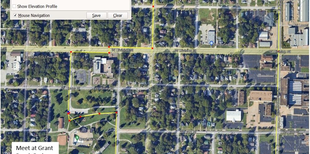 Map of the Grant Beach neighborhood walk and talk. Meeting point is at the parking lot of the boys and girls club at 835 W Calhoun St. The proposed route is 1.97miles ling and should include walking along Grant Ave and Campbell Ave.