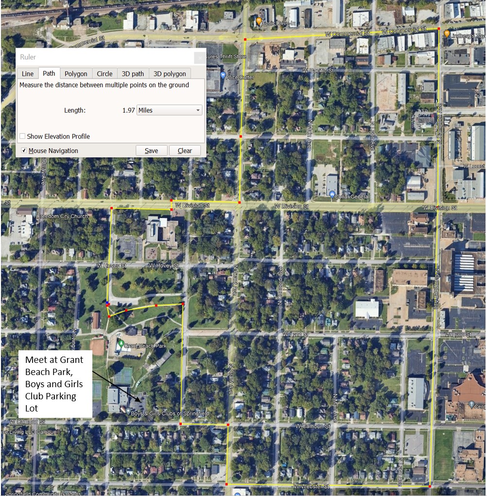 Map of the Grant Beach neighborhood walk and talk. Meeting point is at the parking lot of the boys and girls club at 835 W Calhoun St. The proposed route is 1.97miles ling and should include walking along Grant Ave and Campbell Ave.