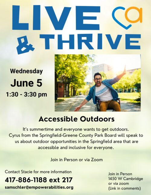 Poster for the Live & Thrive group event: Accessible Outdoors.