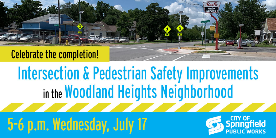 Picture showing intersection improvements in the Woodland Heights Neighborhood with date and time of scheduled celebration: July 17, 2024 from 5pm to 6pm