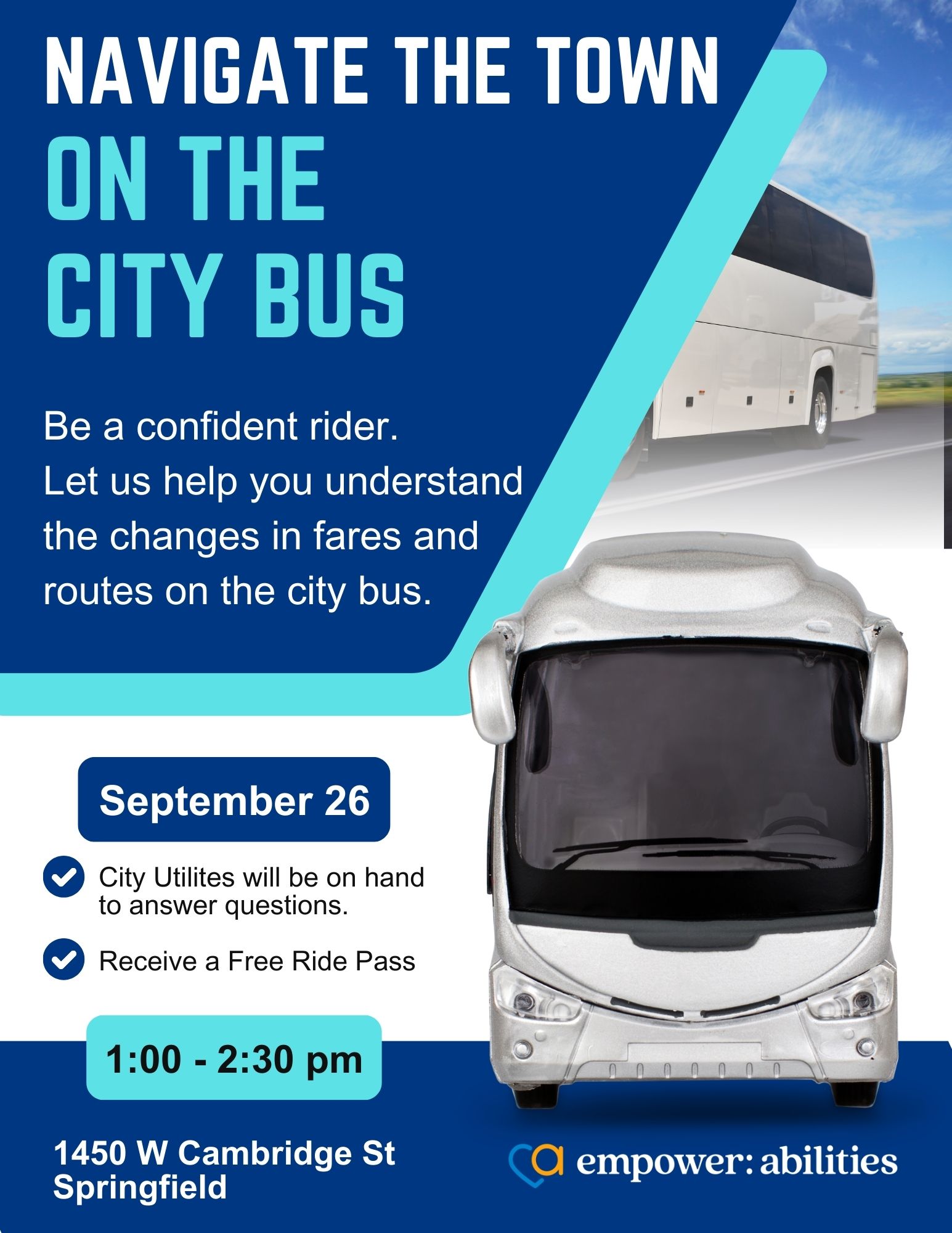 Navigate the bus flyer. Showing the a white bus and providing information about the event on September 26th, 2024.