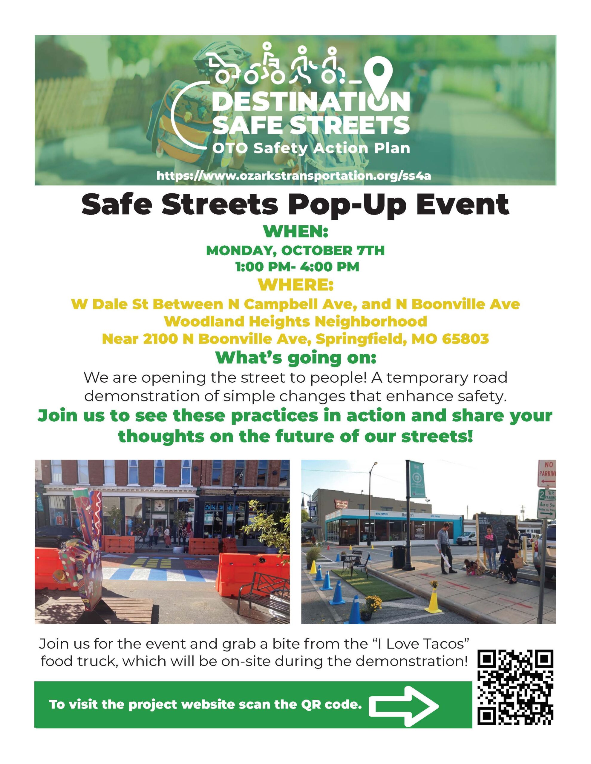 OTO safety pop-up event flyer for October 7th, 20204. QR code in the bottom right corner. Flyer includes images of what a pop-up event could look like with pocket parks or new highlighted crosswalks.