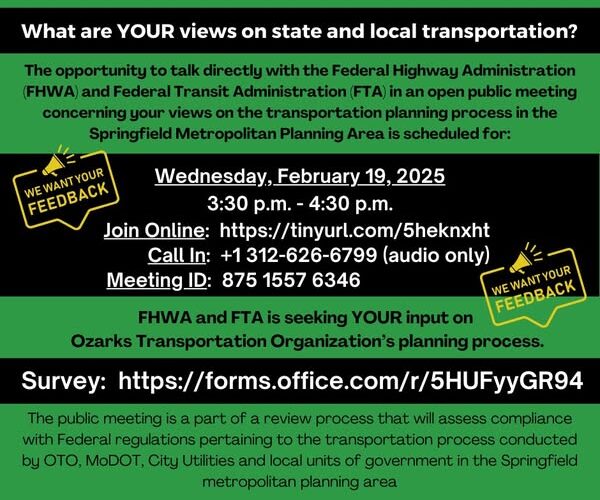 Flyer for public meeting at the Ozarks Transportation Organization on February 19th.