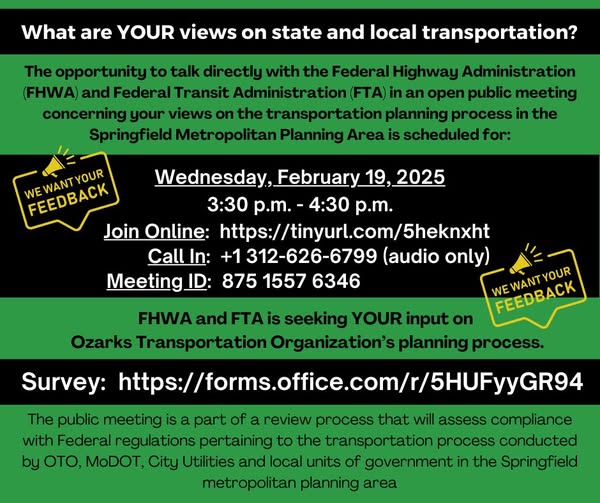 Flyer for public meeting at the Ozarks Transportation Organization on February 19th.