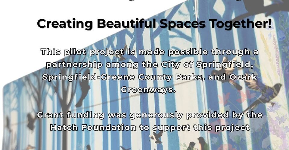 Picture of a mural showing a forest with blue trees and different birds. Text on the picture says: Community Mural Project - Creating Beautiful Spaces Together! This pilot project is made possible through a partnership among the City of Springfield, Springfield-Green County Parks, and Ozark Greenways. Grant funding was generously provided by the Hatch Foundation to support this project. #FassnightTrailArt #ArtisitLindaPasseri