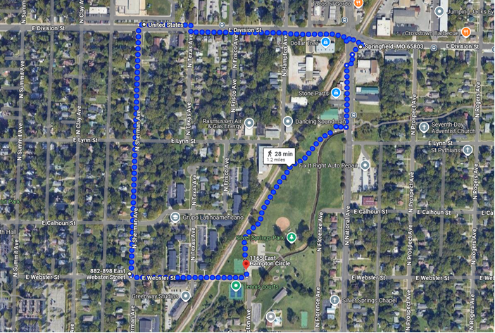 Map showing the proposed route of the Walk & Talk. Meeting at Silver Springs Park - Parking Lot (1000 N Hampton Ave) and then walk to the intersection of National and Divsion and then heading west on Divison and back through the neighborhood to the meeting point.